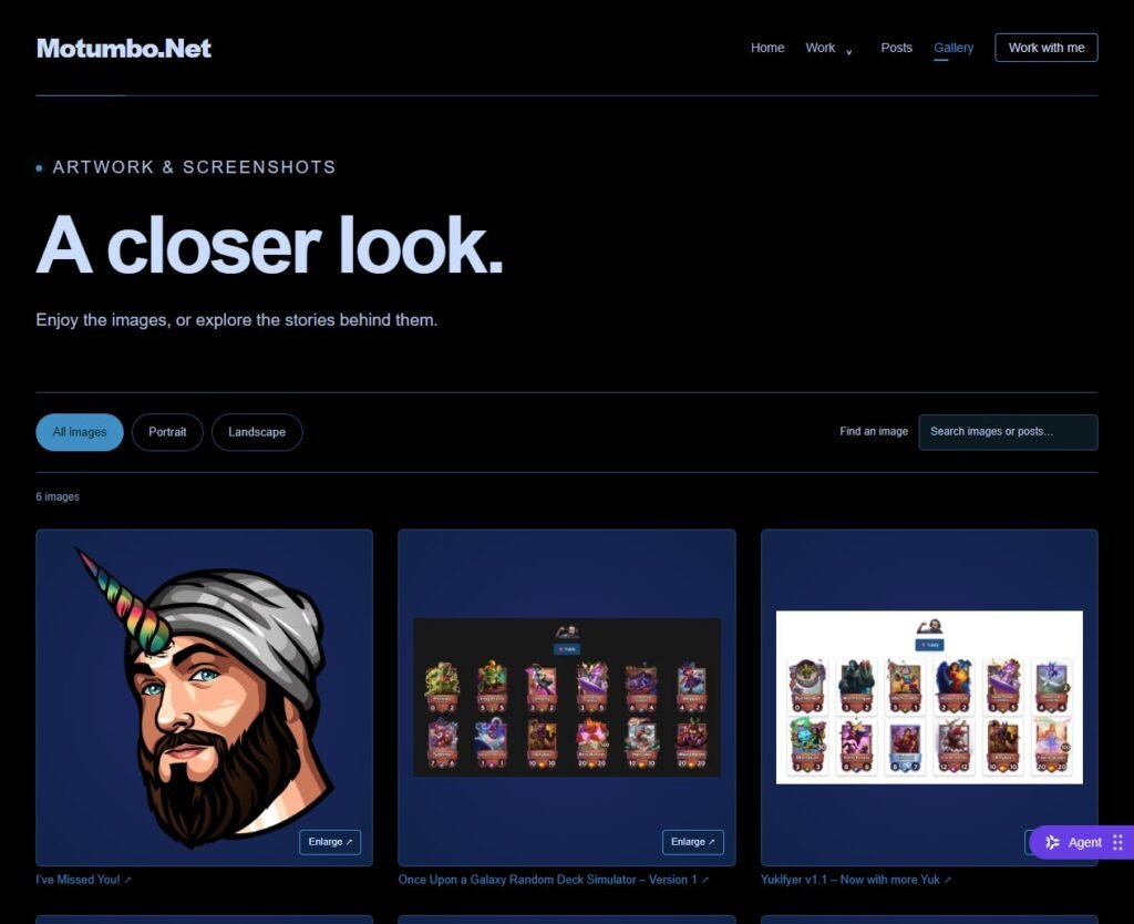 Imagewake gallery on Motumbo.Net, with image filters and artwork previews.