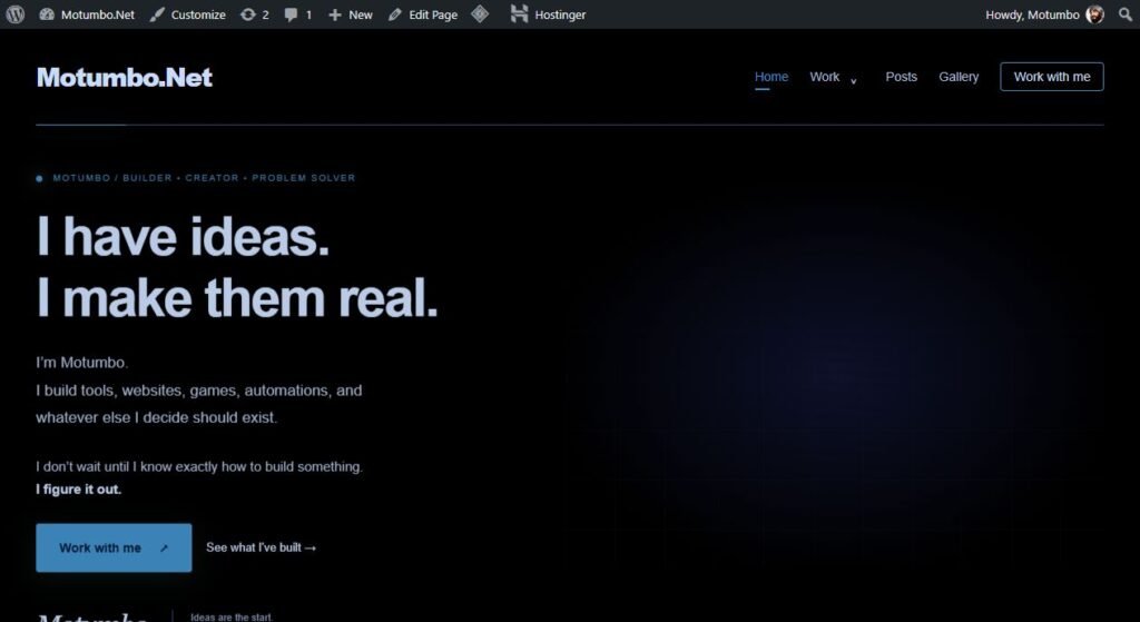 Motumbo.Net homepage with the Imagewake image collage and introduction.