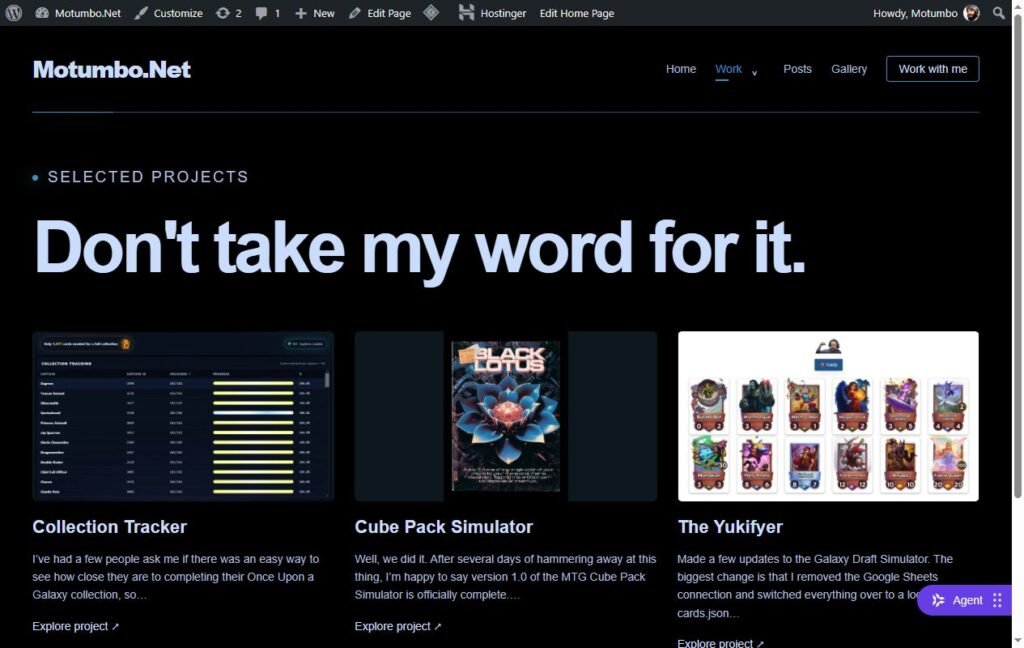 Motumbo.Net Work page showing Collection Tracker, Cube Pack Simulator, and The Yukifyer.